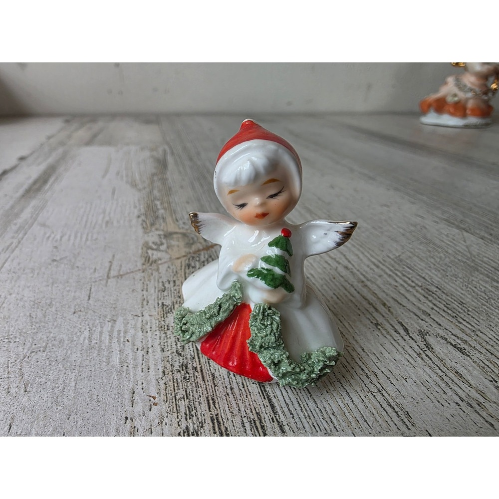 Vintage napco mini cherub angel tree statue figurine village red white spaghetti